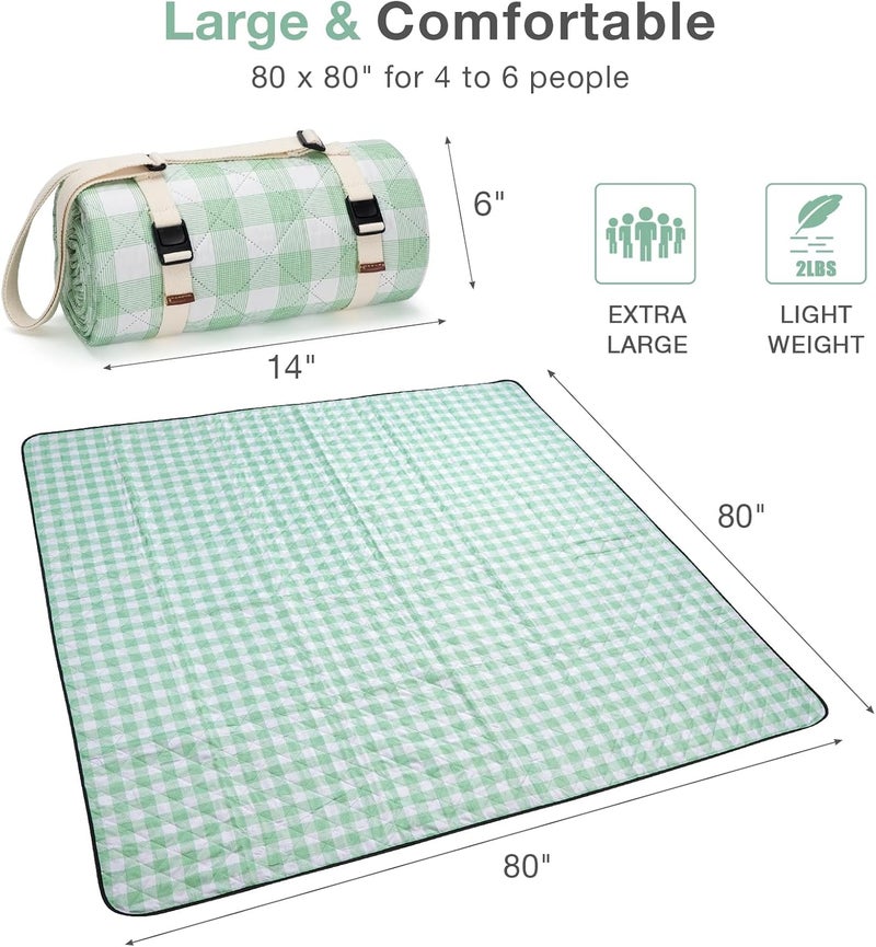 WILLOW WEAVE Picnic Blanket, 80''x80'' Waterproof Outdoor Blankets, Picnic Mat Washable for Beach, Picnic Blankets for Camping on Grass with Shoulder Strap - Green & White - Image 2